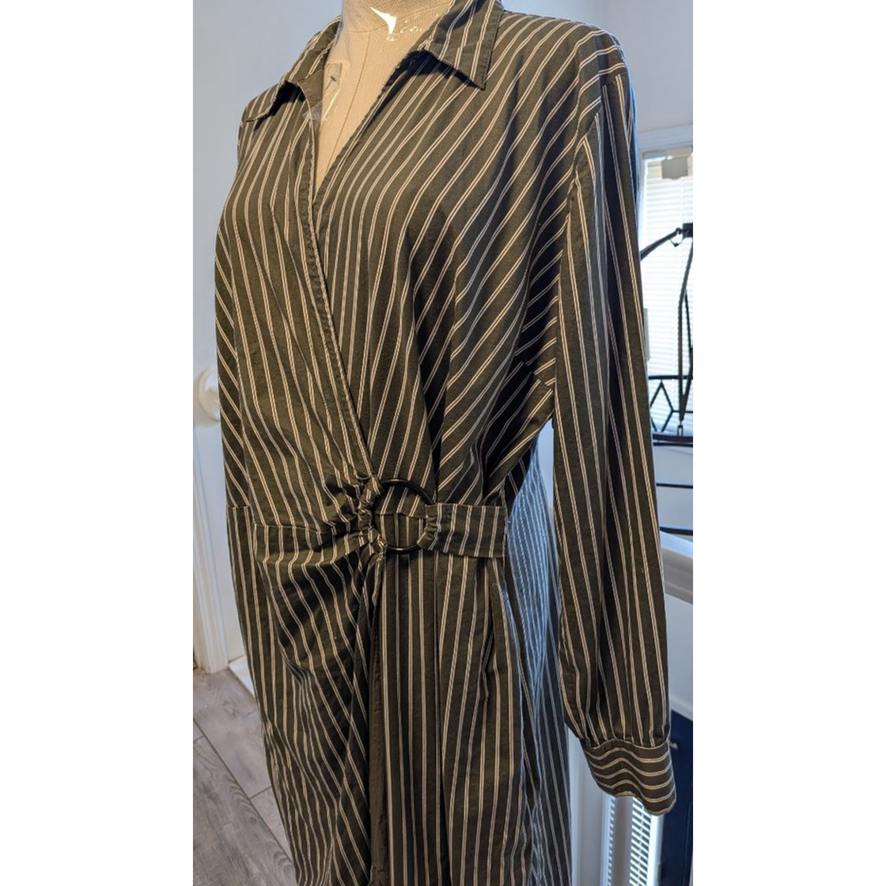 LOFT  Petite Olive Green White Stripe Faux Wrap Midi Long Sleeve Dress 14 - Picture 5 of 5